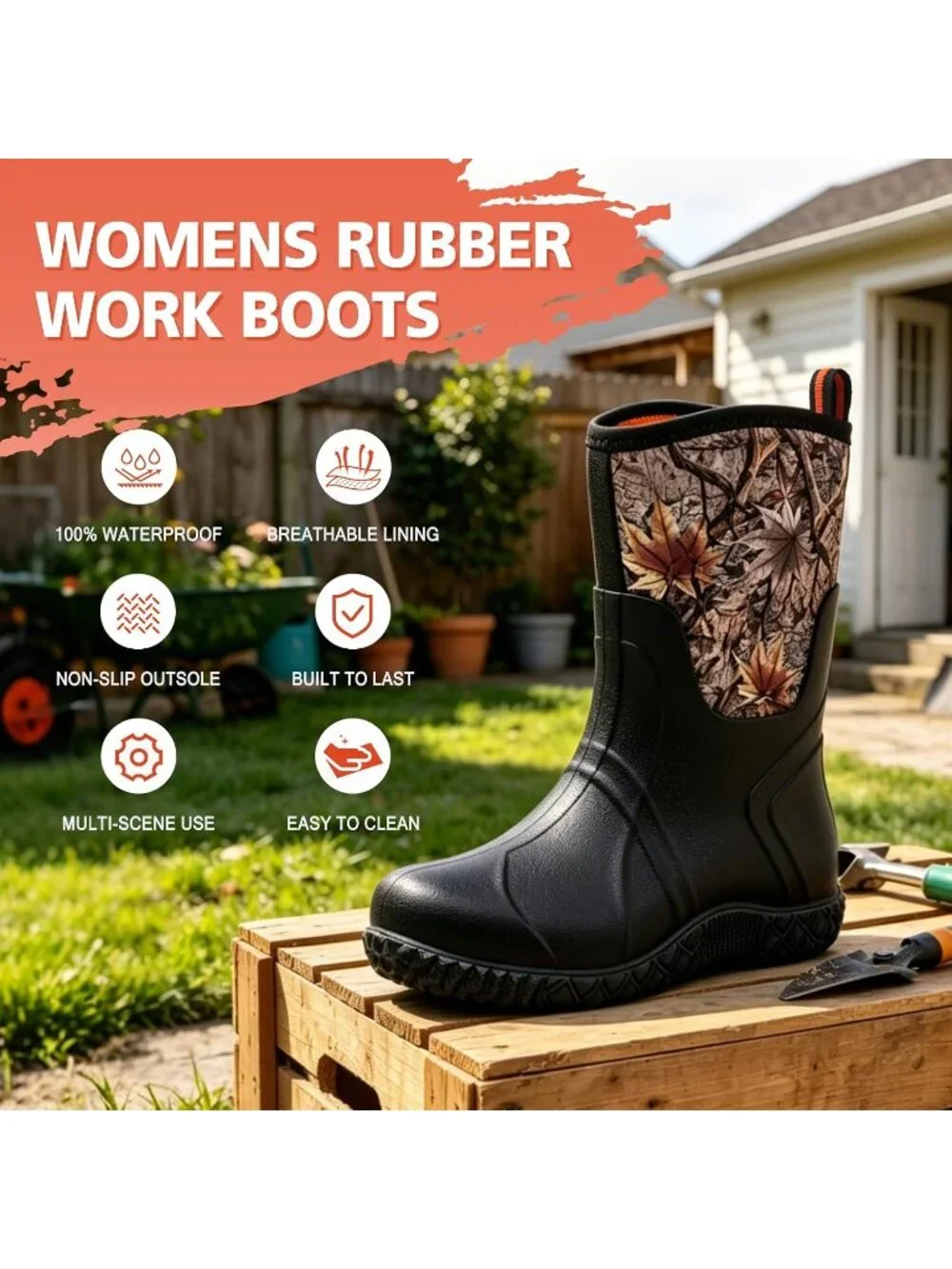 Women's Black Waterproof Breathable Mid Calf Design Garden Work Mud Rain Boots